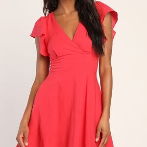 Lulus Sweeten Me Up Red Flutter Sleeve Mini Dress With Pockets - Size M